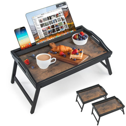 2 Pack Bed Tray Table Breakfast Trays Serving Tray Bamboo Bed Laptap Floding Legs with Handles and Phone Holders