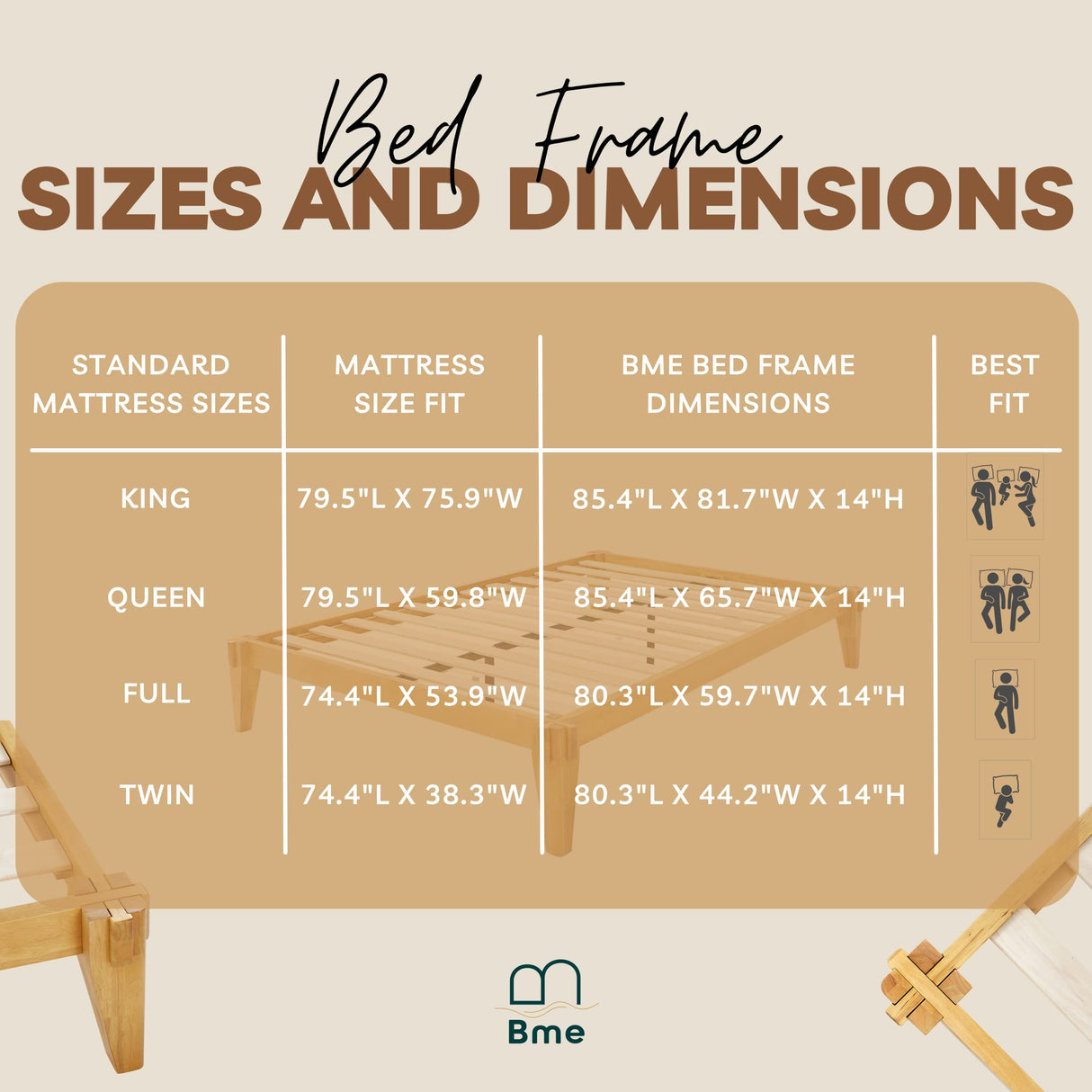 Bme Chalipa 14” Queen Solid Wood Platform Bed Frame – Modern Minimalist Design with Natural Finish and Easy Assembly Bme