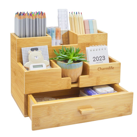 Charmlife Bamboo Desk Organizer - Makeup & Pen Storage with Drawer & Pencil Holder for Office Organization Charmlife