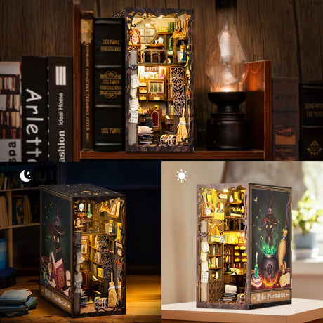 Fsolis Book Nook Kit, DIY Miniature House Kit Wooden Puzzle Halloween Booknook for Adult Decorative Bookend Bookshelf Alley Decor for Women Teens(Magic Pharmacist) Fsolis