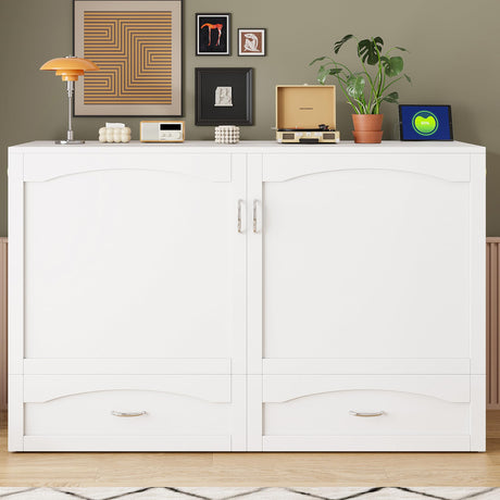 P PURLOVE Queen Murphy Bed, Modern Cabinet Bed with Drawer, A Set of Sockets and USB Ports, Wood Murphy Bed Frame for Adult, Teenager, Pulley Structure Desig (White) P PURLOVE