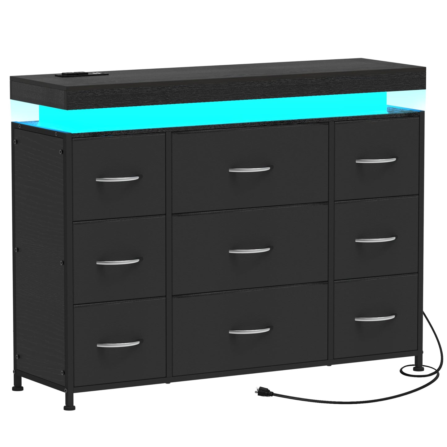 Tohomeor TV Stand 9 Drawer Dresser with Power Outlet & LED Lights, Modern Chest of Drawers Fabric Drawers with PU Finish Small TV Console Table Dresser for Living Room (Black, 9 Drawers)