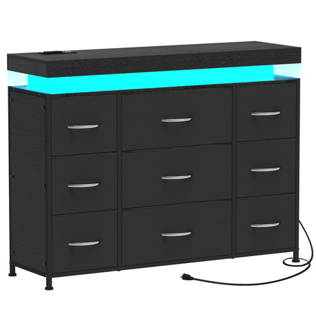 Tohomeor TV Stand 9 Drawer Dresser with Power Outlet & LED Lights, Modern Chest of Drawers Fabric Drawers with PU Finish Small TV Console Table Dresser for Living Room (Black, 9 Drawers) Tohomeor