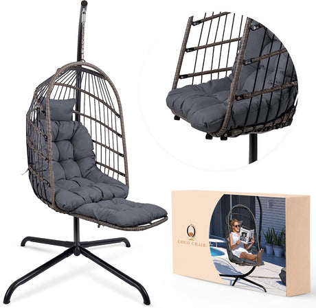 Coco Chair Hanging Egg Chair with Stand & Leg Rest | Modern Outdoor Egg Chair with Pillow | Foldable Swing Chair for Indoor & Outdoor | Dark Gray coco chair