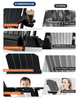 POWERWOOD Folding Adirondack Chair Wood Texture, HDPE Higher Back Plastic Adirondack Chairs with Cup Holder, Weather Resistant Composite Chair for Outdoor, Patio, Lawn, Garden, Fire Pit Chairs (Black) POWERWOOD