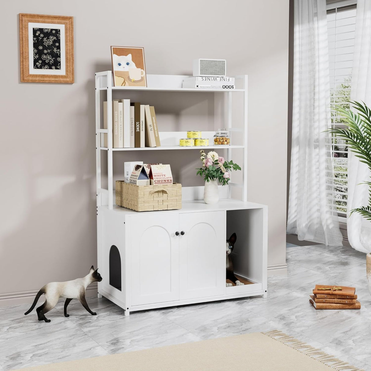 GAOMON Cat Litter Box Enclosure, with 2 Storage Shelves, Hidden Cat Furniture with 2 Doors and Scratch Pad, Indoor Cats House Kitty Box Washroom Cats Bookshelf Cabinet - White GAOMON