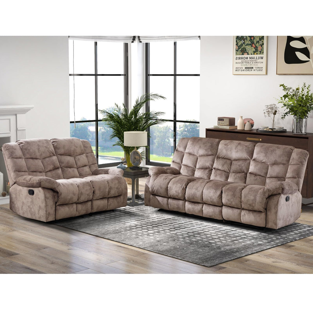 CANMOV Manual Reclining Sofa, 3 Seat Recliner Sofa with Armrest and Overstuffed Backrest, Couch Set for Living Room, Bedroom, Office, Light Brown CANMOV
