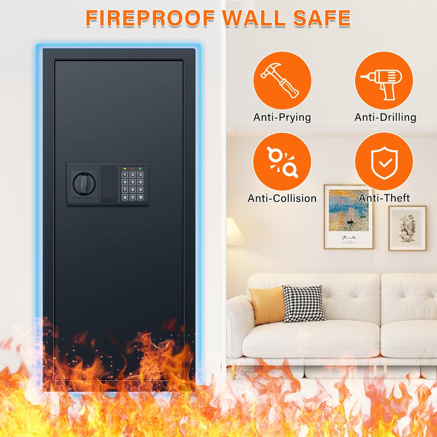 33.46" Tall Fireproof Wall Safes Between the Studs 16" Centers, Heavy Duty Combination Lock in Wall Safe with 3 Removable Shelf, Hidden Safe for Money, Jewelry, Document, Passport