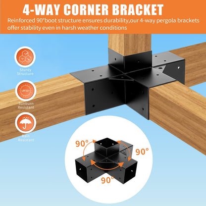 TOPTGO Pergola Brackets 4x4 (Actual: 3.5x3.5 in),2 Pack 4-Way Right Angle Corner Bracket Pergola Kit for Wooden Beams Lumber Gazebos Patio Pergola Sheds