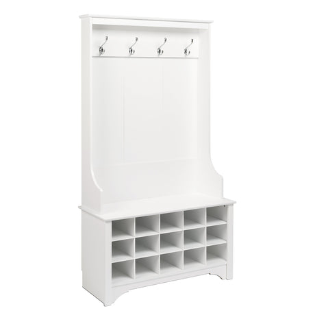 Prepac Entryway Organizer with 4 Coat Hooks, Coat Rack Hall Tree with Bench and Coat Storage, Furniture for Entryway with 15 Cubbies for Shoe Storage, 38” W x 68” H x 15.5” D, White Prepac