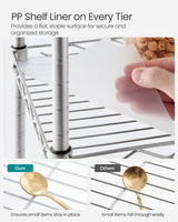 SONGMICS 3-Tier Bathroom Shelf, Storage Rack for Small Space, with 3 PP Shelf Liners, Removable Hook, Extendable Design, Silver and Translucent ULGR103E01 SONGMICS