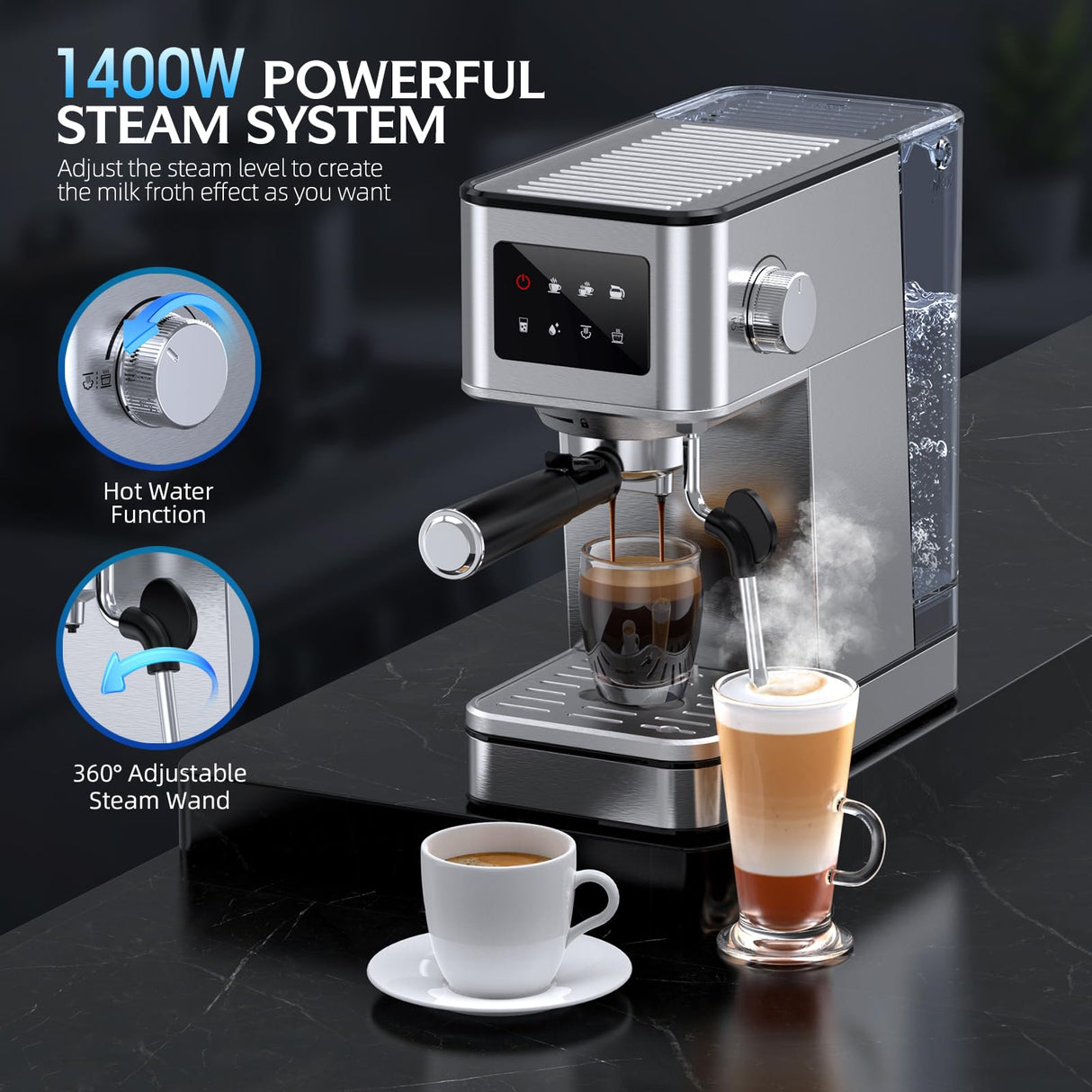 QJA Espresso Machine, 20 Bar Professional Espresso Maker, Milk Frother Steam Wand for Latte, Compact Stainless Steel Machine with 57.5oz Removable Water Tank and LED Touchscreen Monitors QJA