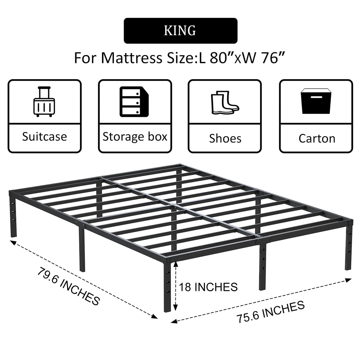 ALDRICH Heavy Duty 18 Inch Black Metal King Size Bed Frame with Noise-Free Assembly ALDRICH