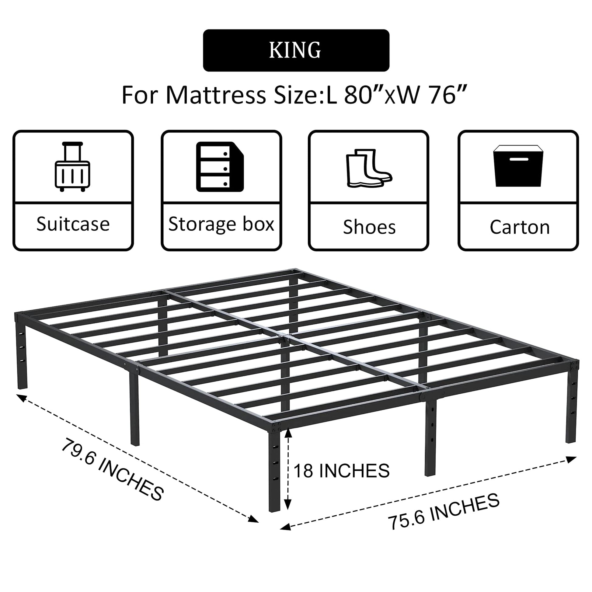 ALDRICH Heavy Duty 18 Inch Black Metal King Size Bed Frame with Noise-Free Assembly - WoodArtSupply