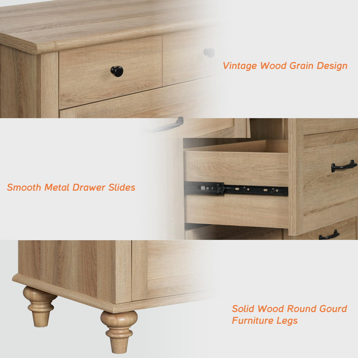 WAMPAT Wide Dresser for Bedroom with 10 Drawers, Farmhouse Chest of Drawers with Solid Wood Legs, Vertical Dresser Storage Organizer, Wooden Dressers Set for Kids Bedroom, Hallway, Oak WAMPAT