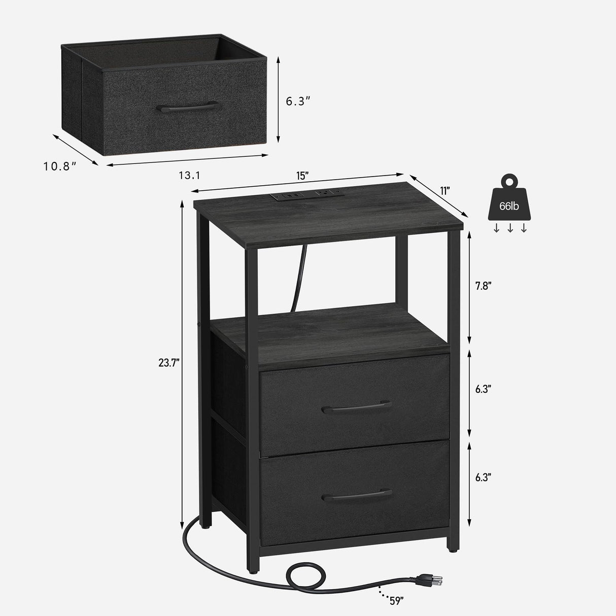 TUTOTAK LED End Table with Charging Station, Nightstand with Cloth Drawer, Side Table with 1 USB Port and 1 Type-C port, set of 2, Couch Table, Charcoal Grey TB01BY052L TUTOTAK
