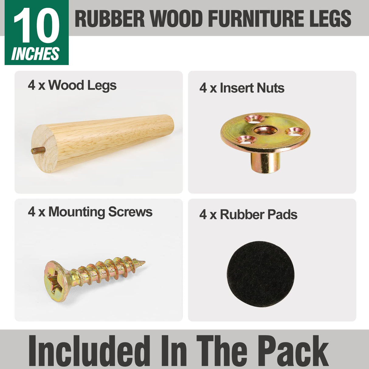 FoDau770 Rubber Wood Furniture Legs 10 Inches, Straight Tapered Wood Legs Mid Century Sofa Legs Set of 4, 5/16" UNC Furniture Feet Replacement Legs for Cabinet Sofa Couch Dresser Chair Ottoman Table FoDau770