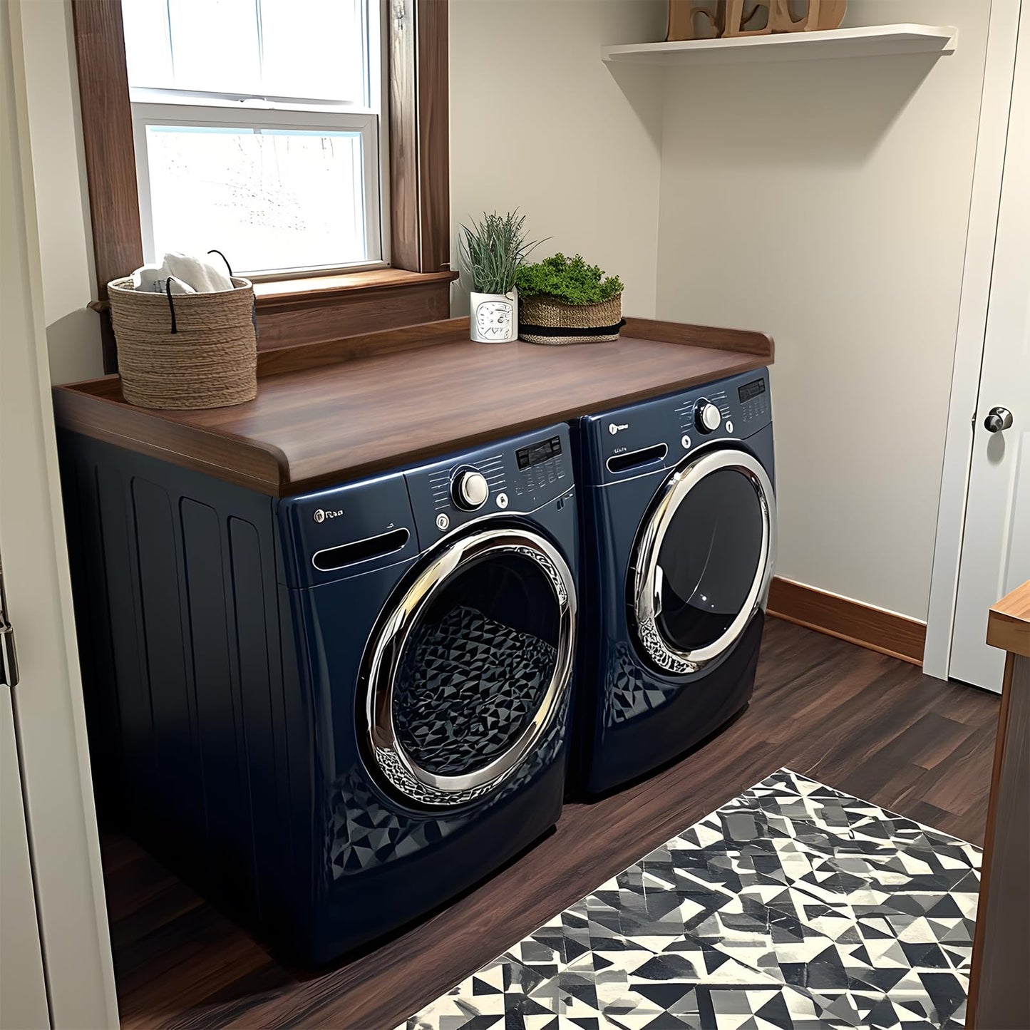 Kaboon Washer Dryer Countertop, Melamine Countertop with Edge Rails - 27.5" Depth x 54" Width Laundry Room Organization, Dark Walnut