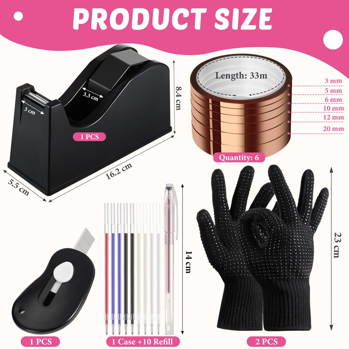 Kosiz 20 Pcs Heat Tape Dispenser Set 2 Heat Resistant Gloves with Silicone Bumps 6 Multi Size Heat Tape for Sublimation Mini Cutter Pen Set Nonskid Weighted Base Tape Holder for Heat Press (Black) Kosiz