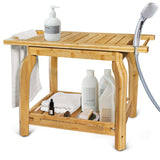 2-Tier Bamboo Shower Bench for Inside Shower Shaving Legs, 25 Inch Waterproof Bathroom Bench Shower Stool with Storage Shelf, Safe & Stable for Seniors Adults Disabled Women KingPavonini