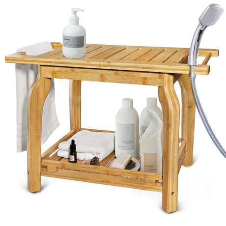 2-Tier Bamboo Shower Bench for Inside Shower Shaving Legs, 25 Inch Waterproof Bathroom Bench Shower Stool with Storage Shelf, Safe & Stable for Seniors Adults Disabled Women KingPavonini