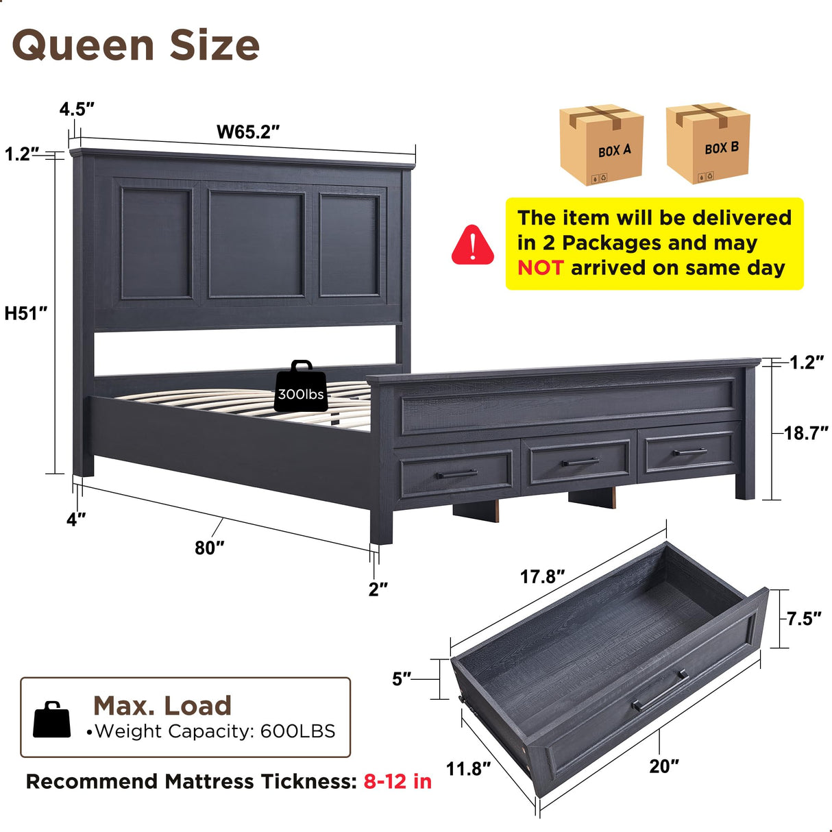 JXQTLINGMU Farmhouse Queen Wood Bed Frame with 52" Tall Headboard & Footboard, Platform Bedframe with Hidden Storage Drawers, Noiseless, No Box Spring Required, Antique Black JXQTLINGMU