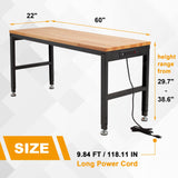 AHB 60" Workbench Adjustable Height, Oak Wood Work Table with Power Outlets, Max 2000 LBS, Heavy Duty Work Bench for Garage Party Shop Office AHB