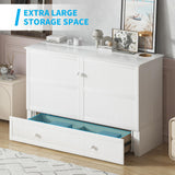 Mjkone Murphy Bed Queen Cabinet Bed with Tri-fold Mattress and Built-in USB Charging & 2 Drawers & Bedside Panel, Hidden Guest Beds, Murphy Cube Chest Cabinet Beds for Bedroom/Apartment - White Mjkone