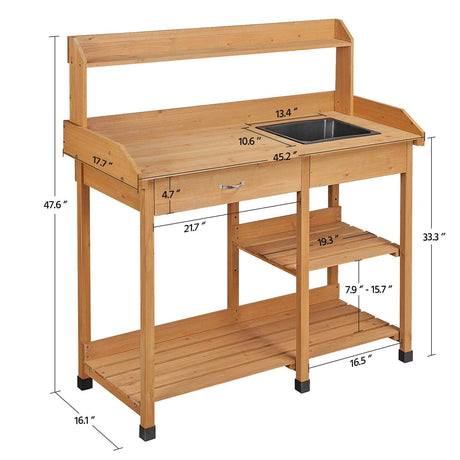Yaheetech Potting Bench Outdoor Garden Work Bench Station Planting Solid Wood Construction for Horticulture w/Sink Drawer Rack Shelves Natural Wood Yaheetech