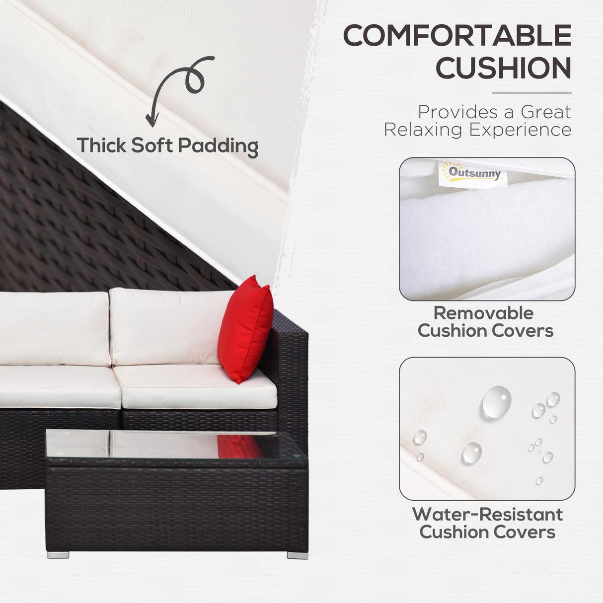 Outsunny 5-Piece Patio Furniture Set with Cushions, Outdoor PE Rattan Wicker Sofa Set, Sectional Furniture with Pillows, Glass Coffee Table for Garden, Backyard, Brown/Cream White Outsunny