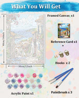 TOCARE Framed Paint by Numbers Kit for Adults, 12x16Inch Mediterranean Paint by Numbers with Frame, Greece Paint by Number Framed Canvas Nature Scenery(Without Easel) TOCARE