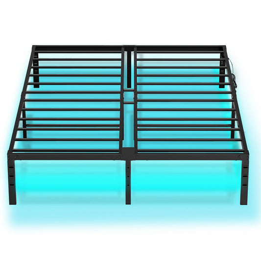 HOOBRO Queen Bed Frame with Smart LED Lights and Integrated Charging Station - WoodArtSupply