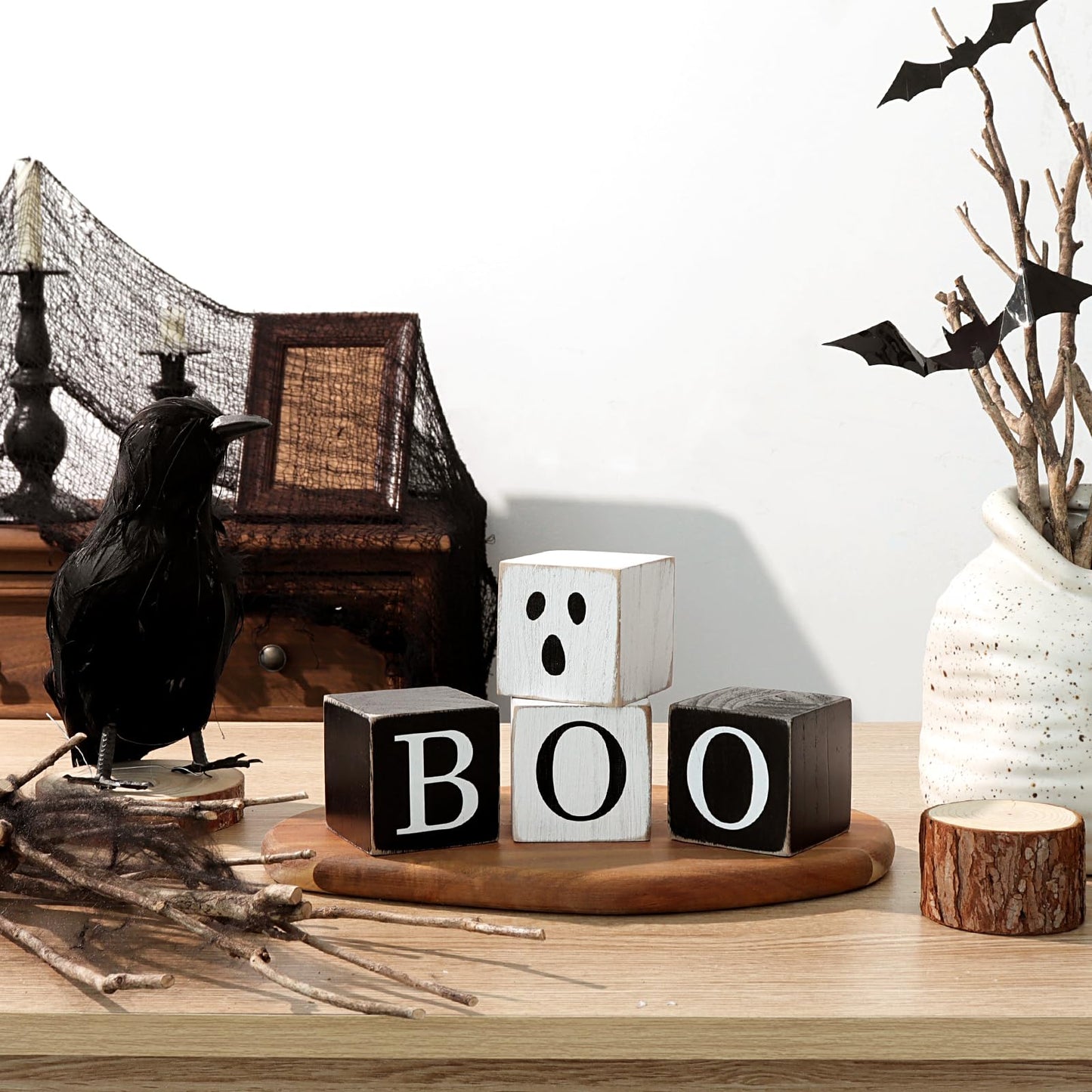 Treory Halloween Table Decorations Indoor: 4PCS Farmhouse Ghost Centerpiece Signs, Black White Boo EEK Double Side Wood Blocks, Rustic Tiered Tray Decor for Office Desk Home Mantel Shelf Fireplace