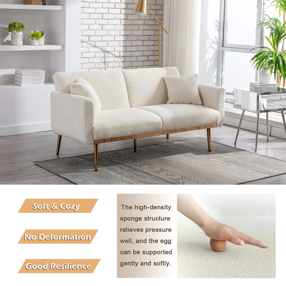Antetek Futon Sofa Bed with 3 Adjustable Positions, Small Sleeper Sofa Loveseat with 2 Decorative Pillows, Modern Upholstered Convertible Couch with 5 Metal Tapered Legs, Ivory Teddy Antetek