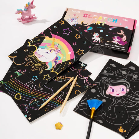 Unicor Scratch Art Kit for Kids - 30 Pcs Magic Scratch Off Paper for Girls Unicorn Mermaid Theme Art Supplies Colorful Drawing Art Craft with Wooden Stylus Kids Activities Party Birthday Gift WERNNSAI