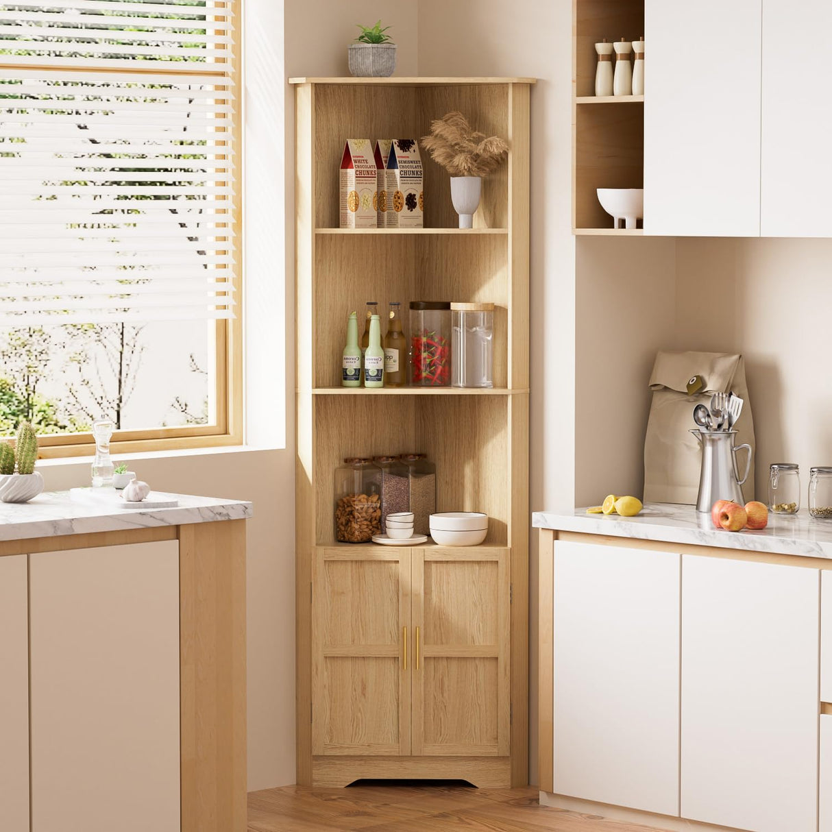 ROMMAK Corner Cabinet, 67'' Tall Corner Storage Cabinet with 2 Barn Doors and Adjustable Shelves for Living Room, Kitchen, Bathroom, Laundry Room, Natural Wood ROMMAK