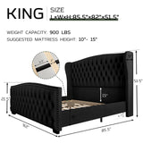 LUXOAK King Platform Bed Frame with Wingback Headboard, Velvet Upholstered Bed Frame with Handmade Button Tufted & Nailhead, Wooden Slats Support, Black LUXOAK
