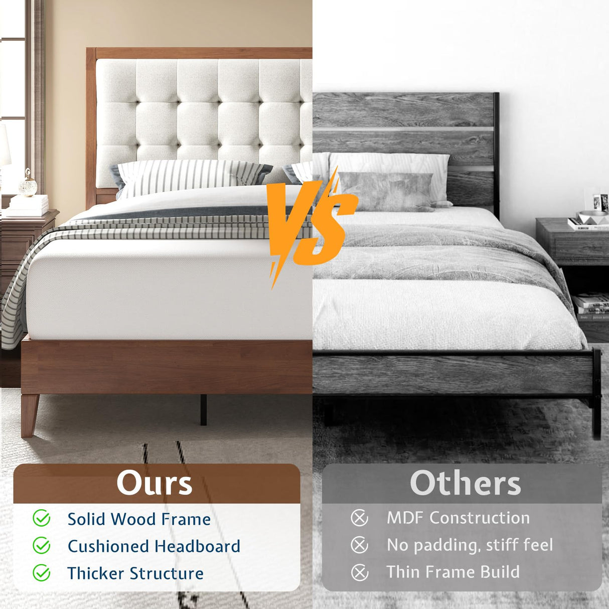 Jocisland Wood King Size Bed Frame,Tall Upholstered Tufted Headboard, Solid Wood Platform, No Box Spring Needed, Walnut Jocisland