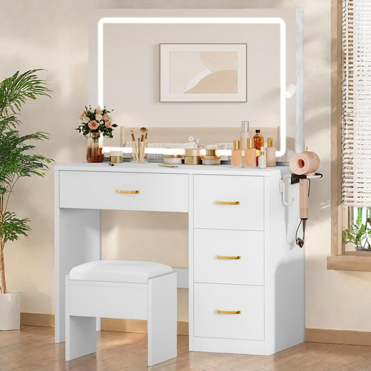 YITAHOME Makeup Vanity Table Set with Cushioned Stool, Large LED Mirror with 3 Color Lighting Modes, Power Outlets, and 4 Drawers