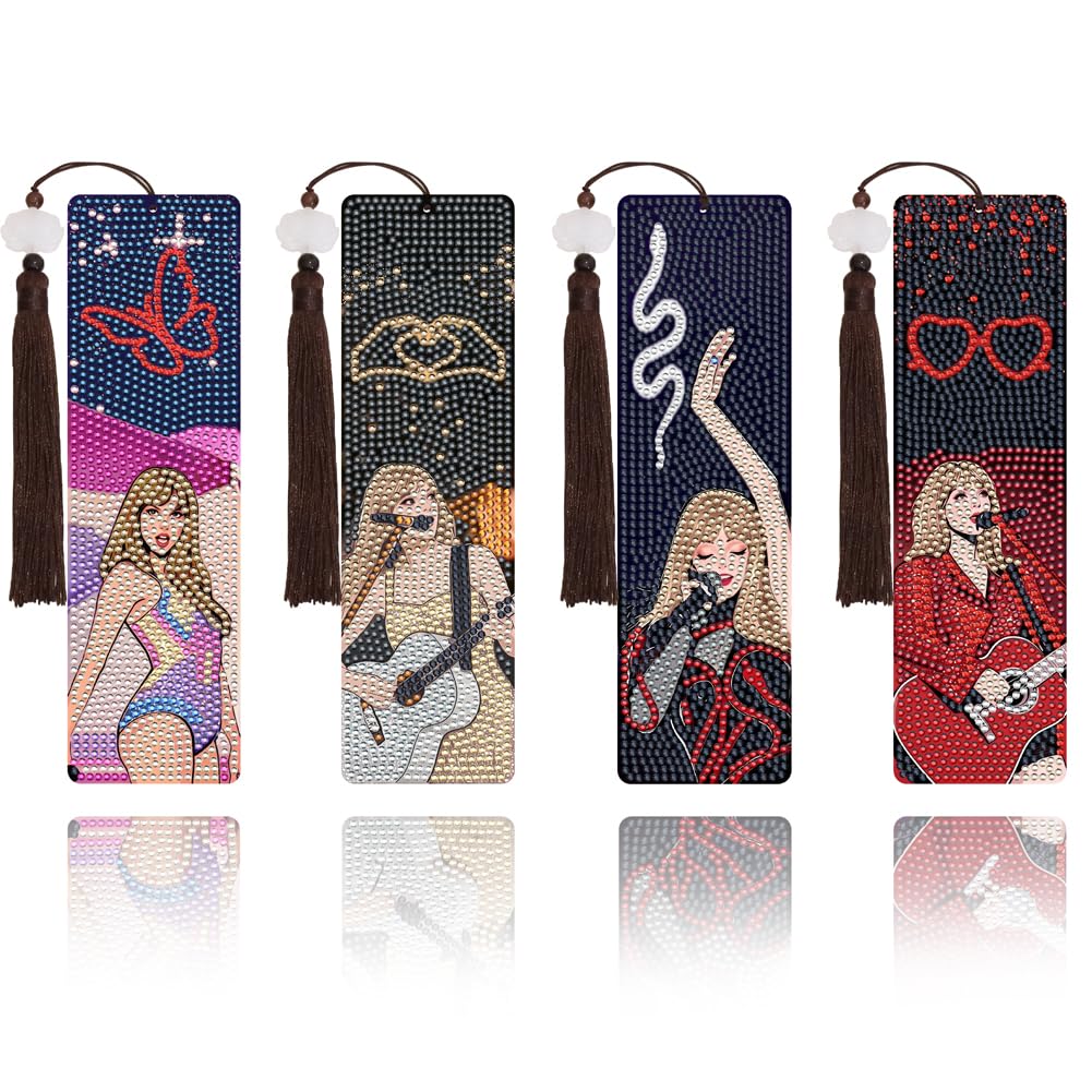 Nikolle Diamond Art Bookmarks, 4 Pcs Acrylic Bookmarks for Book Lovers, DlY Cartoon Diamond Painting Bookmark Kits for Adults, Taylor Gifts for Women Nikolle