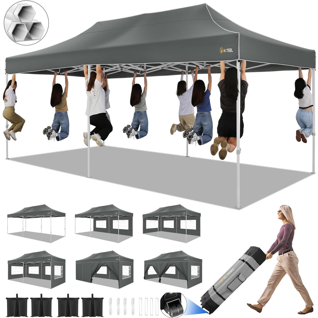 HOTEEL 10x20 Pop up Canopy Tent for Parties, Heavy Duty Easy Setup Tent with 6 Sidewalls, Outdoor Commercial Instant Gazebo for Wedding Event, with Roller Bag & Sand Bags, Grey(Hexagonal Frame) Hoteel