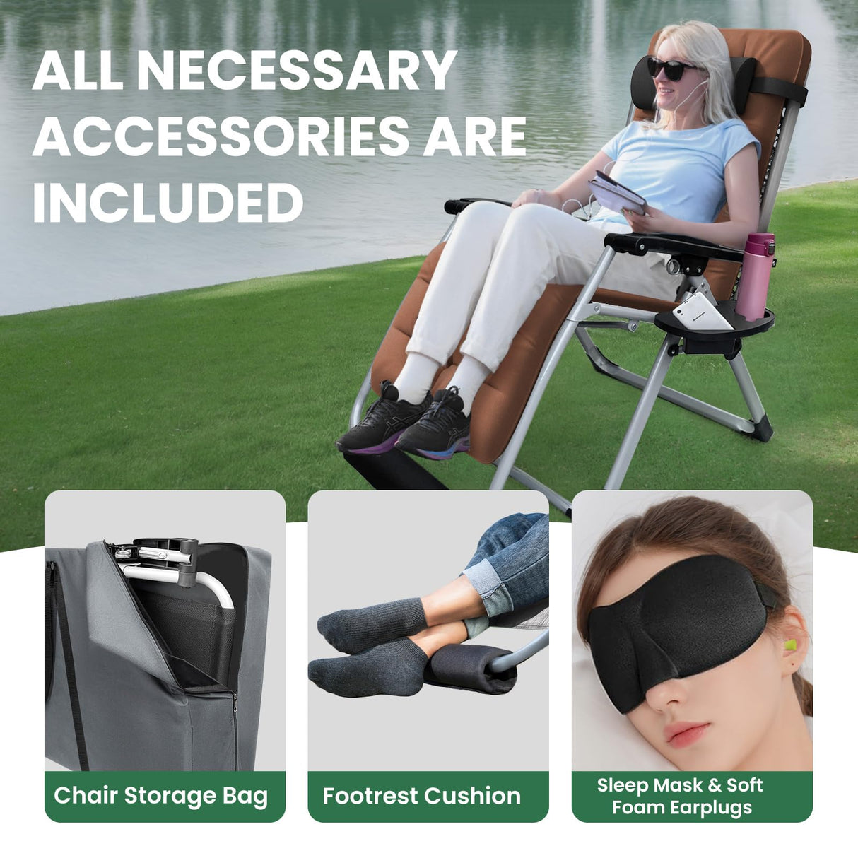 YOMIFUN Oversized Zero Gravity Chair, XL lounge Chair 29” Width, Padded Reclining Camping Chair W/Removable Cushion & Adj Headrest, Storage Bag, Footrest Cushion, Cup Holder, For Indoor Outdoor, Brown YOMIFUN