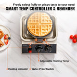 VEVOR Commercial Waffle Maker, 1300W Round Waffle Iron, Non-Stick Rotatable Waffle Baker Machine With 122-572℉ Temp Range and Time Control, Teflon-Coated Baking Pan Stainless Steel Body 120V VEVOR