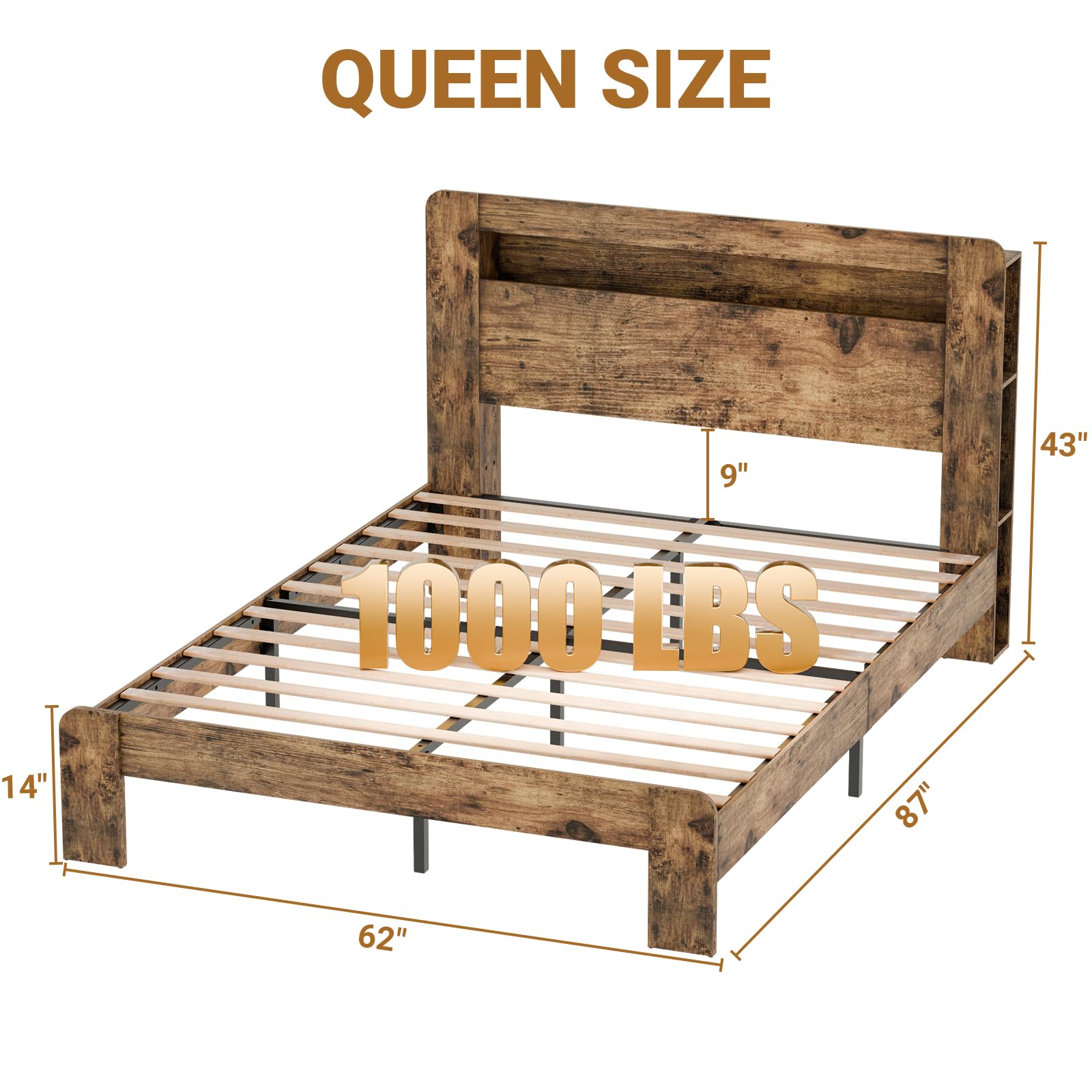 Zevemomo Queen Size Bed Frame with Charging Station, LED Lights & Noise-Free Design in Rustic Brown - WoodArtSupply