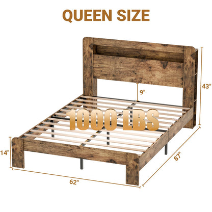 Zevemomo Queen Size Bed Frame with Charging Station, LED Lights & Noise-Free Design in Rustic Brown - WoodArtSupply