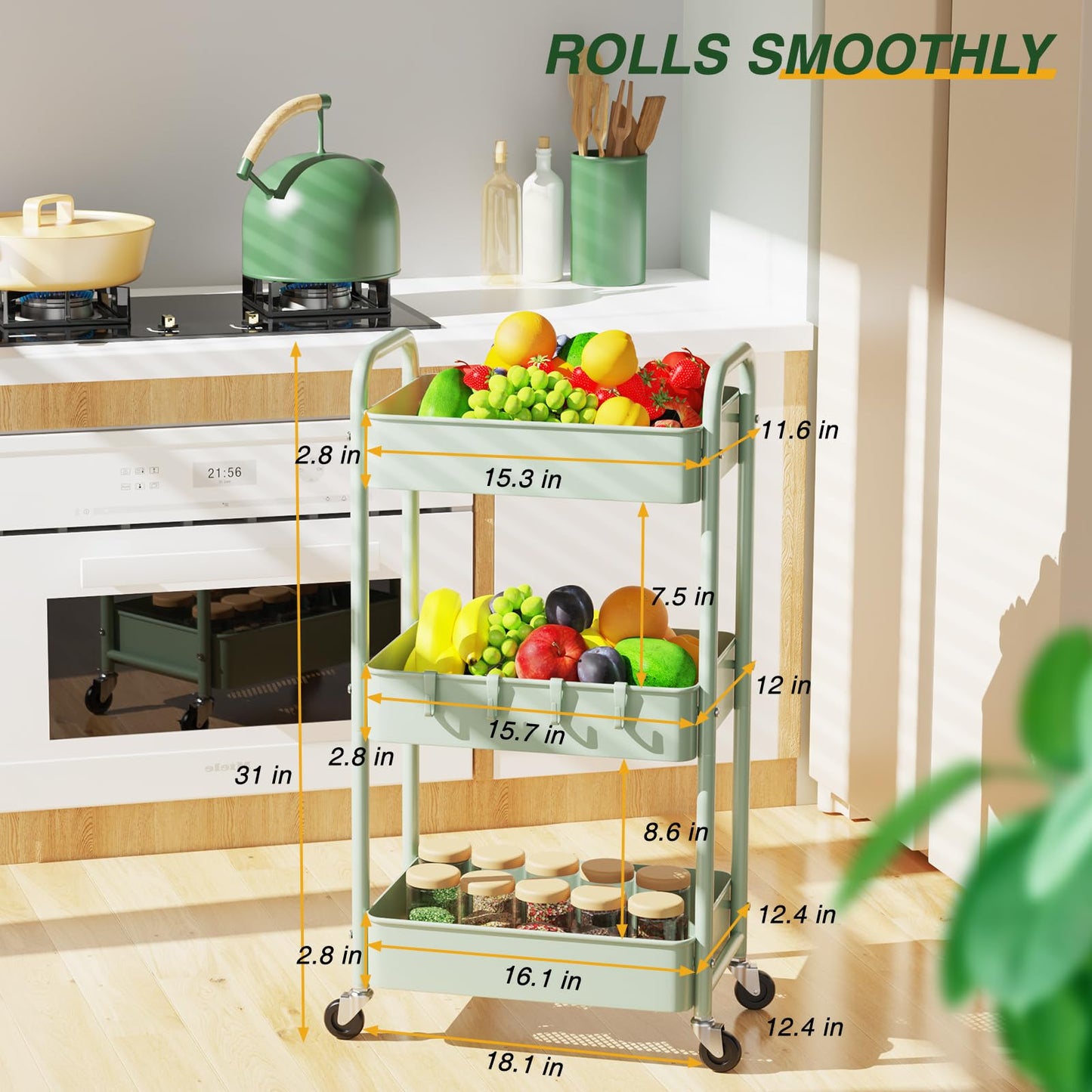 LEHOM 3 Tier Rolling Storage Cart, Metal Trolley Utility Cart with Wheels & Hooks, Easy Assembly Organizer Storage Cart for Bathroom Kitchen Office Bedroom (Green) - WoodArtSupply