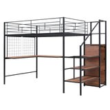 Full Size Loft Bed with Desk and Storage Wardrobe, Heavy Duty Loft Bed with Stairs and Metal Grid, Full Size Loft Bed for Kids, Girls, Boys, No Box Spring Needed (Black Wardrobe, Full) Bellemave