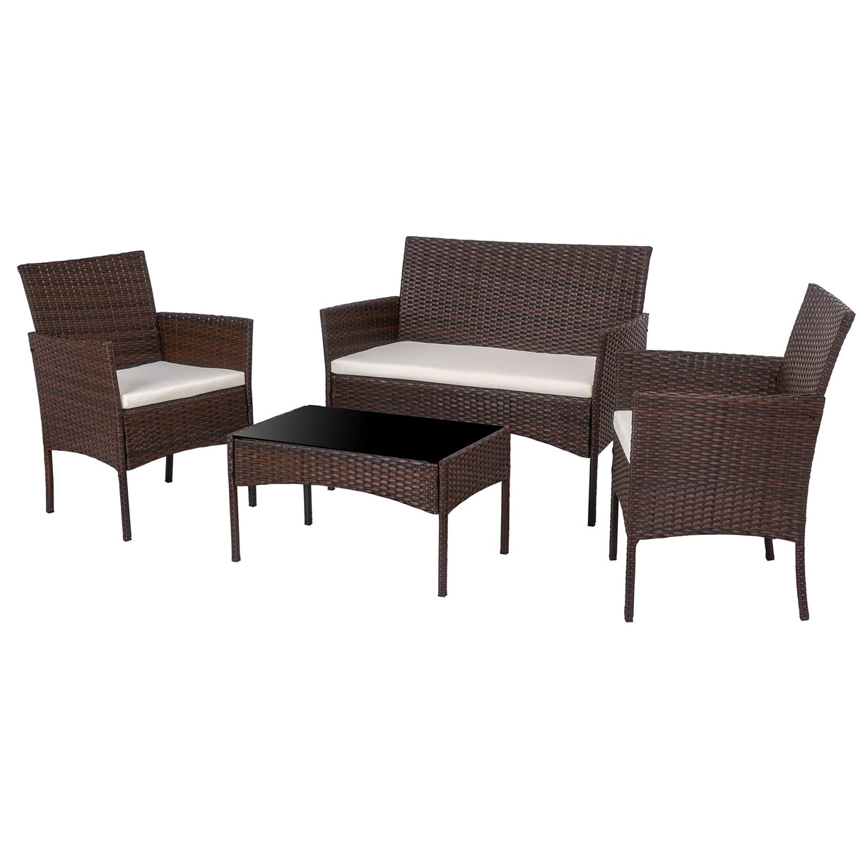 Shintenchi 4 Piece Outdoor Patio Furniture Set, Wicker Rattan Patio Conversation Set, Outdoor Chairs and Loveseat with Coffee Table for Porch, Yard & Poolside (Brown) Shintenchi
