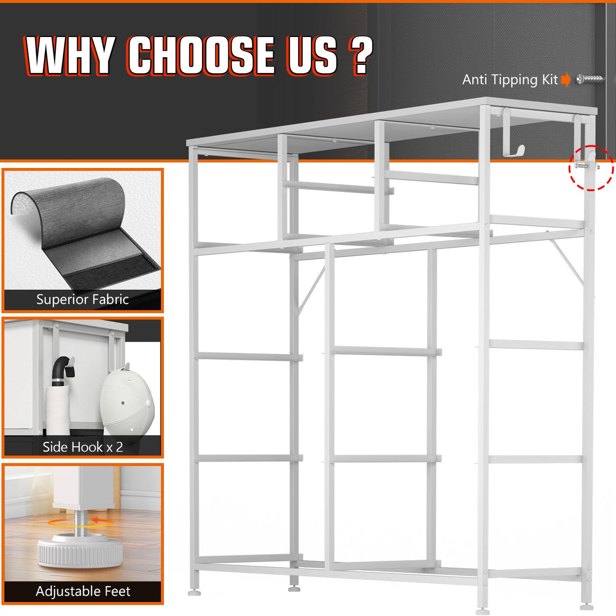 YaFiti 10 Drawer Dresser, Chest of Drawers for Bedroom, PU Dresser with Side Pockets, Hooks, Wooden Top and Sturdy Metal Frame for Living Room, Closet, Hallway (White) YaFiti