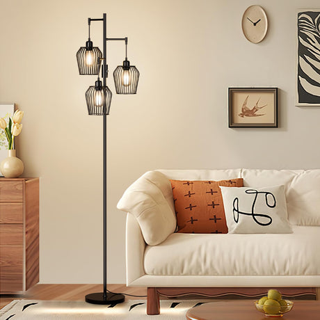 SIBRILLE Dimmable Floor Lamp, Farmhouse Industrial Floor Lamp with Elegant Cage & 3 x 1000LM LED Bulbs, Tall Standing Lamp Modern Floor Lamp Black Tree Floor Lamps for Living Room Bedroom Office SIBRILLE
